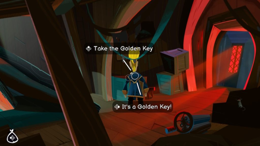 the lower deck of a pirate ship. guybrush is standing in front of a crate with the text "take the golden key" overhead and the text "it's a golden key!" below