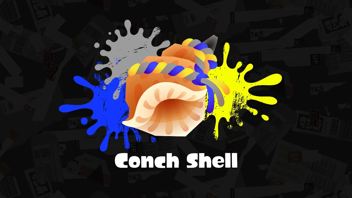 a conch shell with gray, blue, and yellow paint splotches behind it on a black background. below it white text are the words "conch shell"