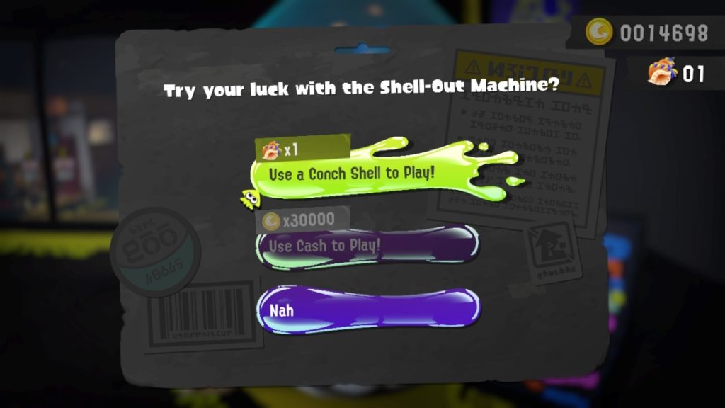 a menu screen on a gray background. white text at the top reads "try your luck with the shell out machine?" below this the options are "Use a conch shell" "use cash to play" and "nah"