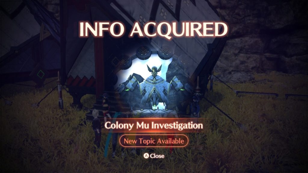 a menu overlay with the picture of a large robot in the middle. text around it reads "info acquired. Colony Mu Investigation. New Topic Available"