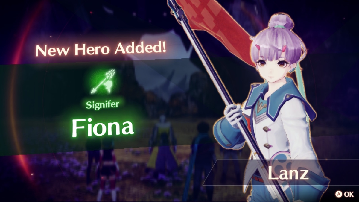 a woman with purple hair and white uniform holds a large red flag in both hands like a weapon. text next to her reads "new hero added. Signifier Fiona."