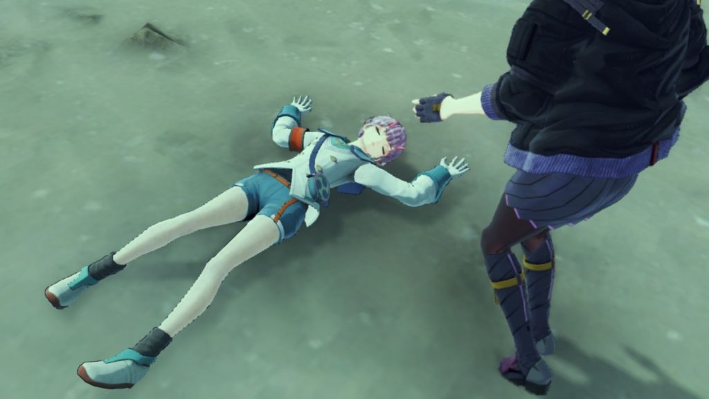 a woman with purple hair in a white military uniform lies on her back on a wet beach. a figure in black leggings, a dark blue skirt, and a black jacket stands nearby