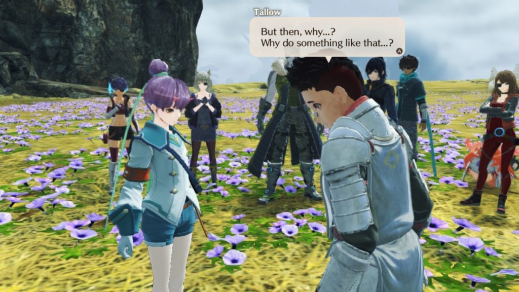 a young woman with purple hair stands opposite a young man with black hair in a flower patch. The young man is saying "But then why...? Why do something like that...?" a group of darkly dressed people stand in the background