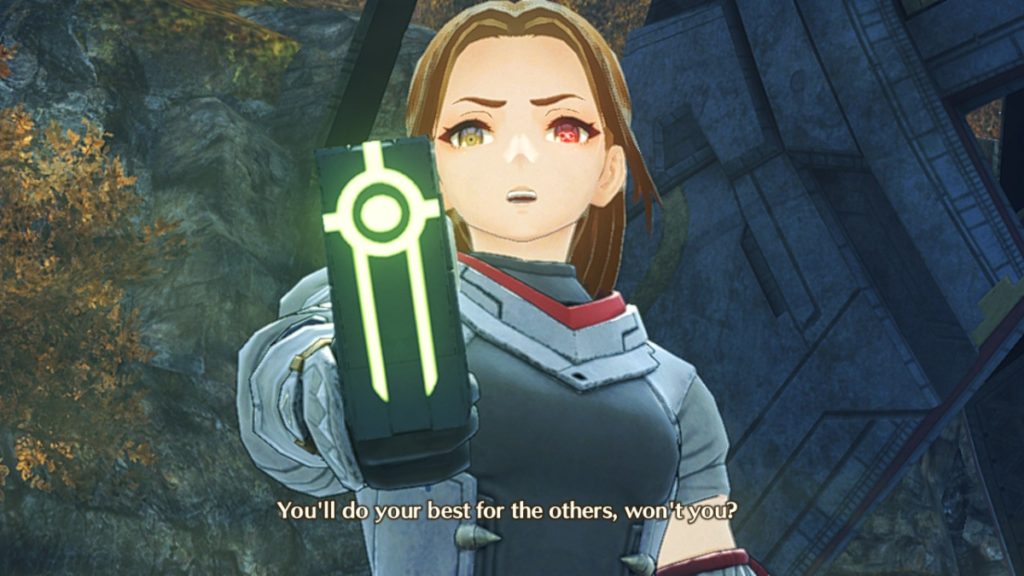 a young woman with one red eye and one yellow eye points a gun toward the viewer. She has brown hair, light skin, and is wearing gray, metal plated armor. text at the bottom reads "you'll do your best for the others, won't you?"