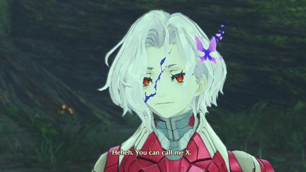 a young woman with white hair, a purple scar, a purple butterfly in her hair, and wearing red armor. Dialogue at the bottom read "heheh. You can call me X."