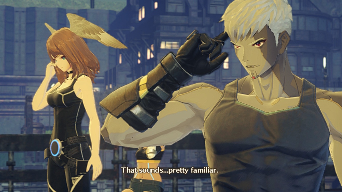 a young woman in a black tank top with wings on her head and a muscular man with white hair and gray skin stand next to one another. They each have one finger to their right ear. text at the bottom reads "that sounds... pretty familiar"