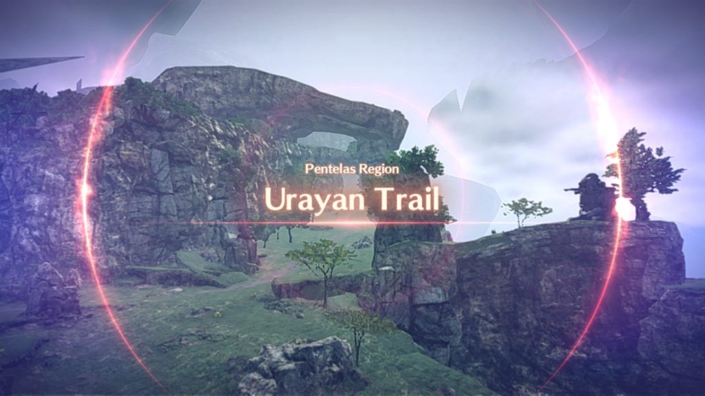 a vista shot of a lush, green region with tall cliffs in the distance and a steep drop to the right. the words "Pentelas Region Urayan Trail" are superimposed over the image