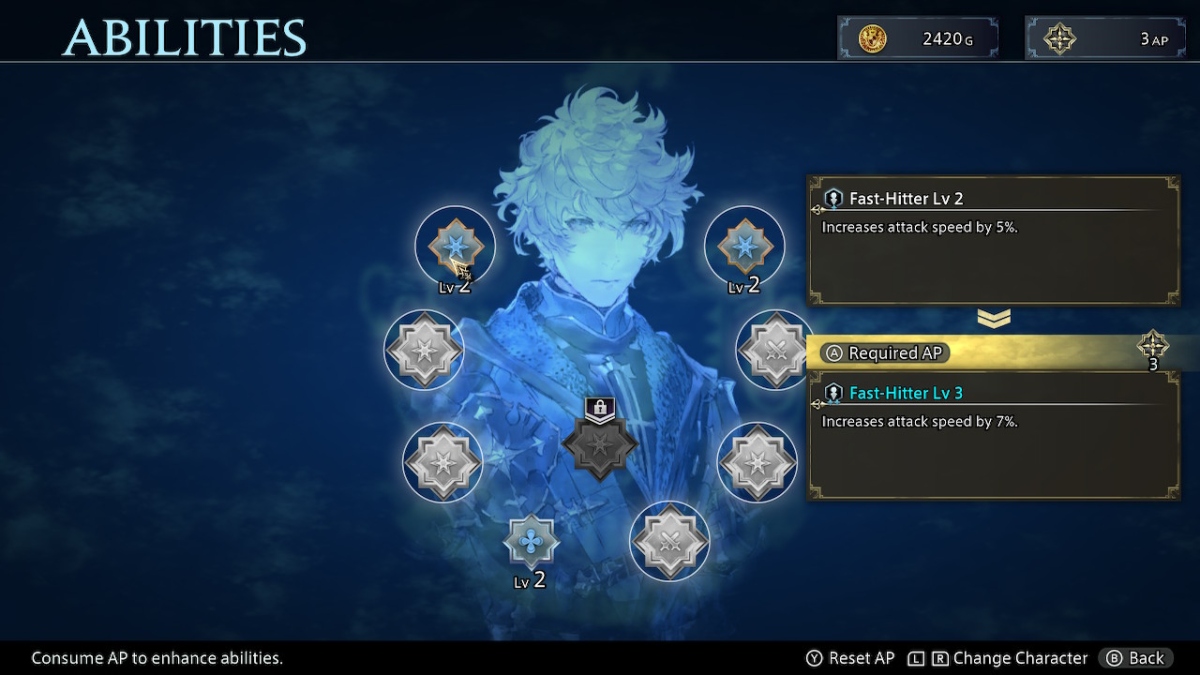 a menu screen with a blue-tinted young man's headshot in the middle of the screen. surrounding his image are nine emblems that each signify a different ability. some are shaded in gray, while others have been colored in blue. text at the top reads "Abilities"