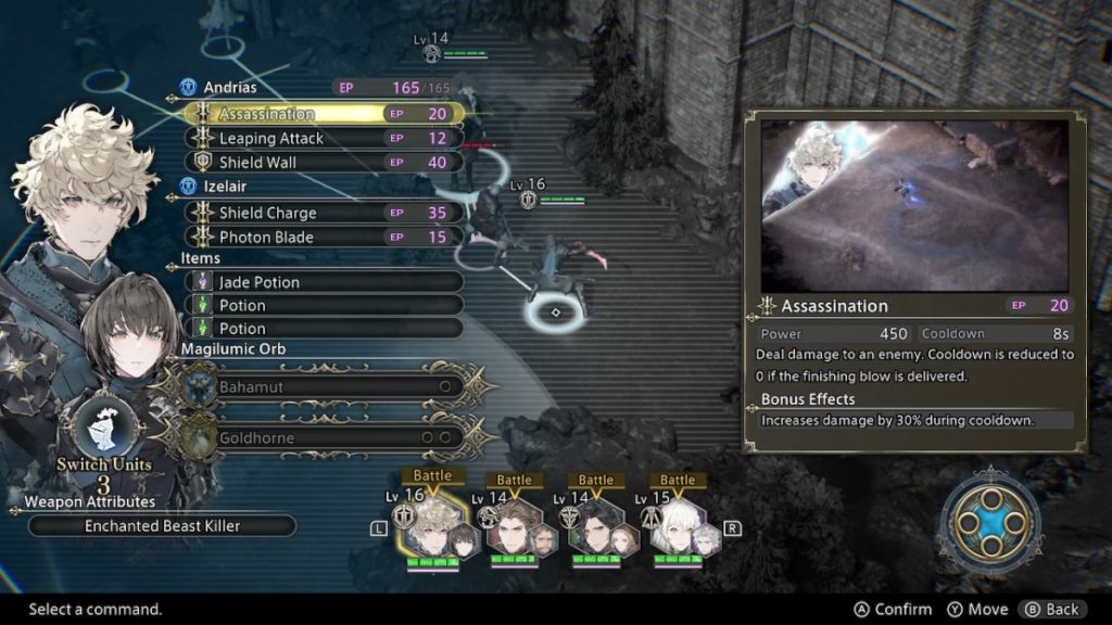 a battle menu with long menus on both sides of the screen. a character unit can be seen in the middle holding a dagger. the menu on the left shows a list of available attacks, while the box on the right demonstrates the select attack, titled Assassination. four character portraits with health bars line the bottom of the screen