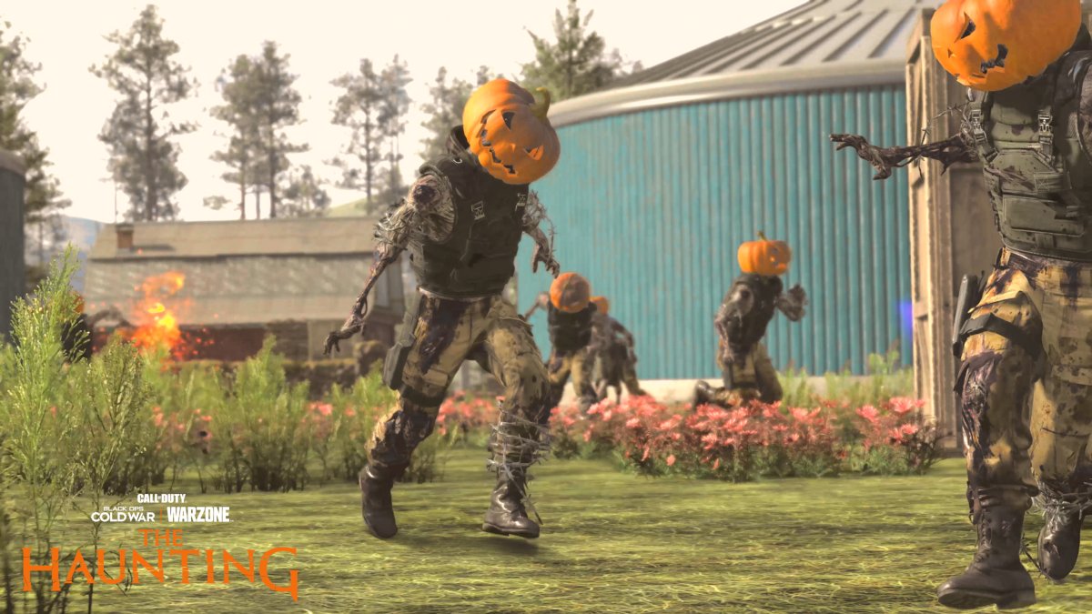 Zombies running with pumpkin heads