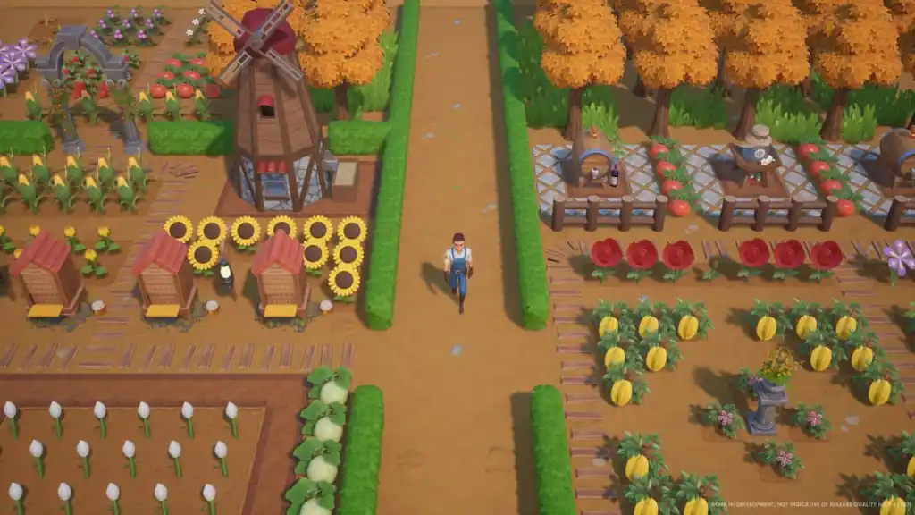 A typical farm in Coral Island with a character in the middle.