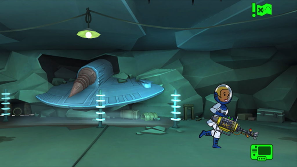 A man in space suit with ray gun running away from a small robot like character