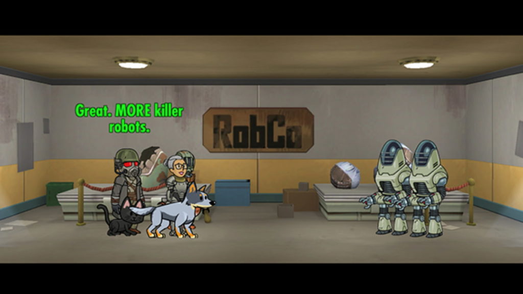 Robots in a room with an old lady and a dog