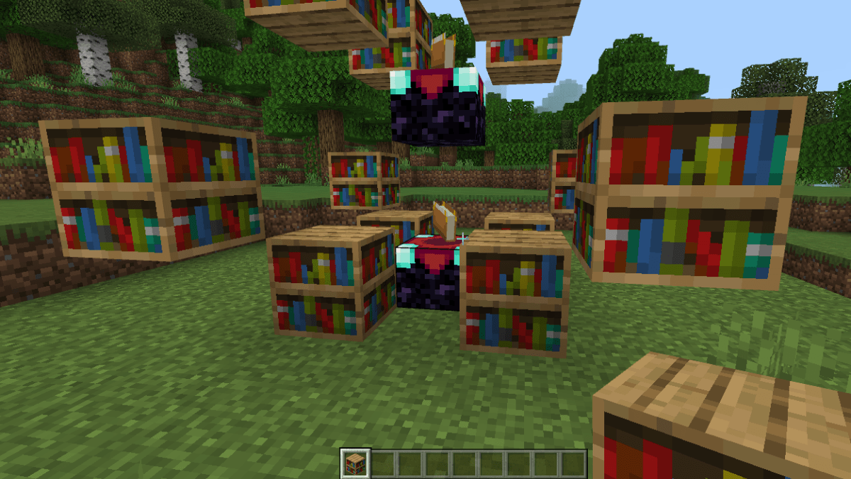 Floating Enchanting Tables Surrounded by Floating Bookshelves in Minecraft