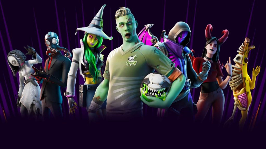 A bunch of Halloween-themed skins standing together.