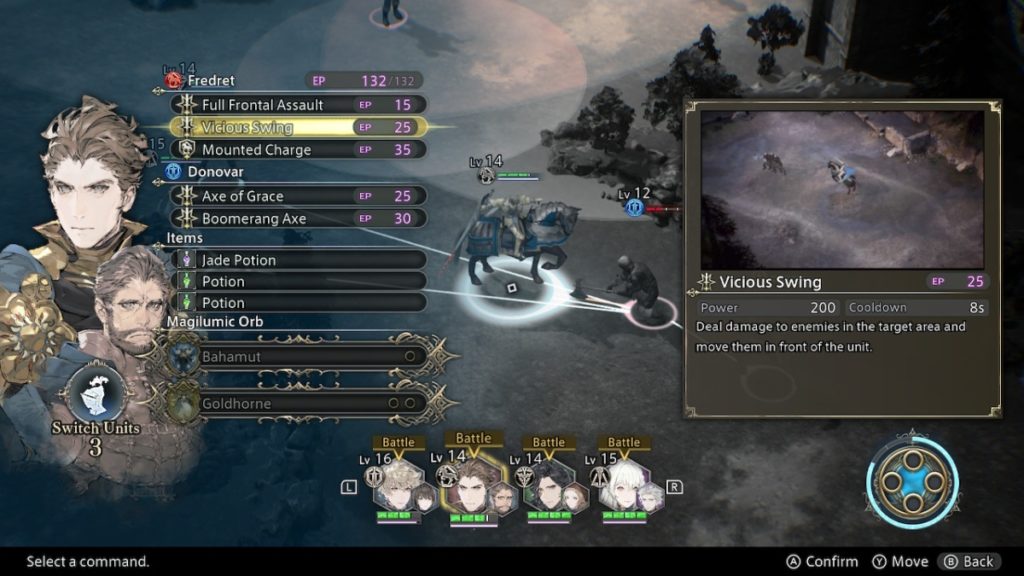 a battle menu that's paused on a figure riding an armor plated horse. a list of available attacks are listed on the left hand side of the screen, and a video demonstration of the selected ability plays on the right. along the bottom are four character portraits with green health bars below them. 