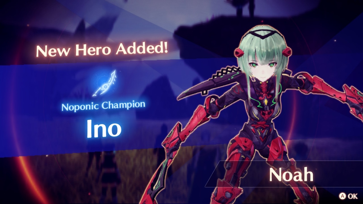 character screen with a woman in red and black armor wielding two swords on the right and the words " Hero Added. Noponic Champion Ino" set to the left.