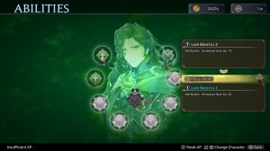 a green tinted menu screen with the head and shoulders image of a young man with long, dark hair in the middle. the word "Abilities" is in the top left corner. there are nine gray shields arranged around the image of the man, though some are colored in green. the highlighted ability is called "Luck Boost"