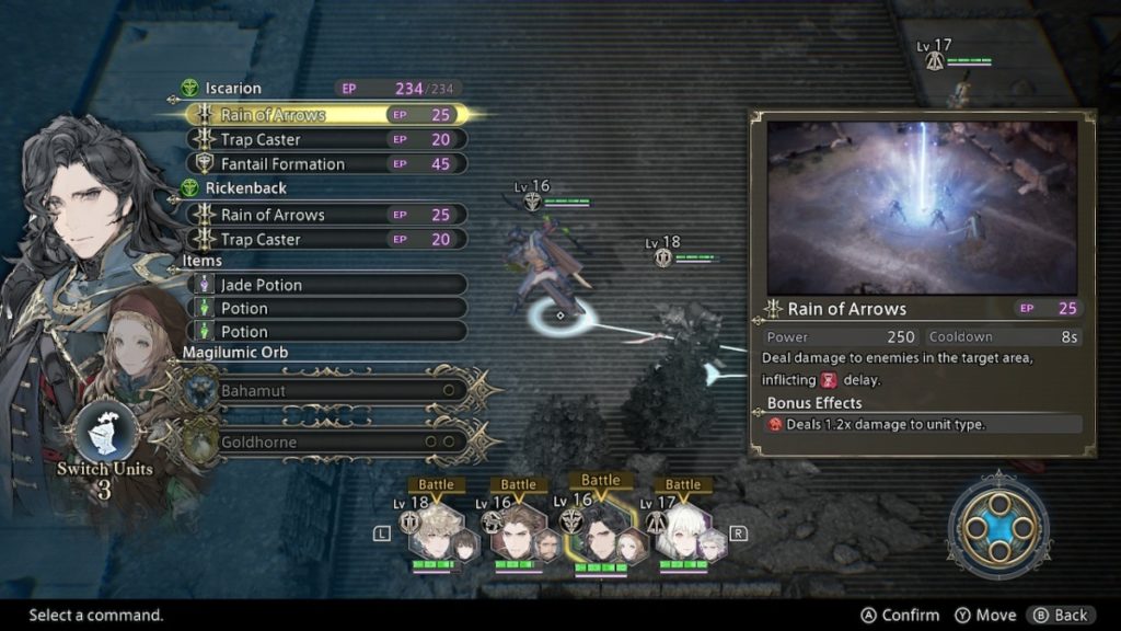 a battle menu with a list of available attacks on the left and a video demonstration of the selected skill on the right. the selected skill is called "Rain of Arrows." in the middle is a small image of a man aiming a bow toward the sky. on the far right is a portrait of the man with long dark hair and an ornate coat. on the bottom of the screen are four smaller portraits with green health bars below them