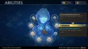 a blue tinted menu screen with a head and shoulders image of a young woman with short, dark hair in the middle. she's surrounded by nine seals each connected to a different ability. in the top left corner text reads "Abilities"