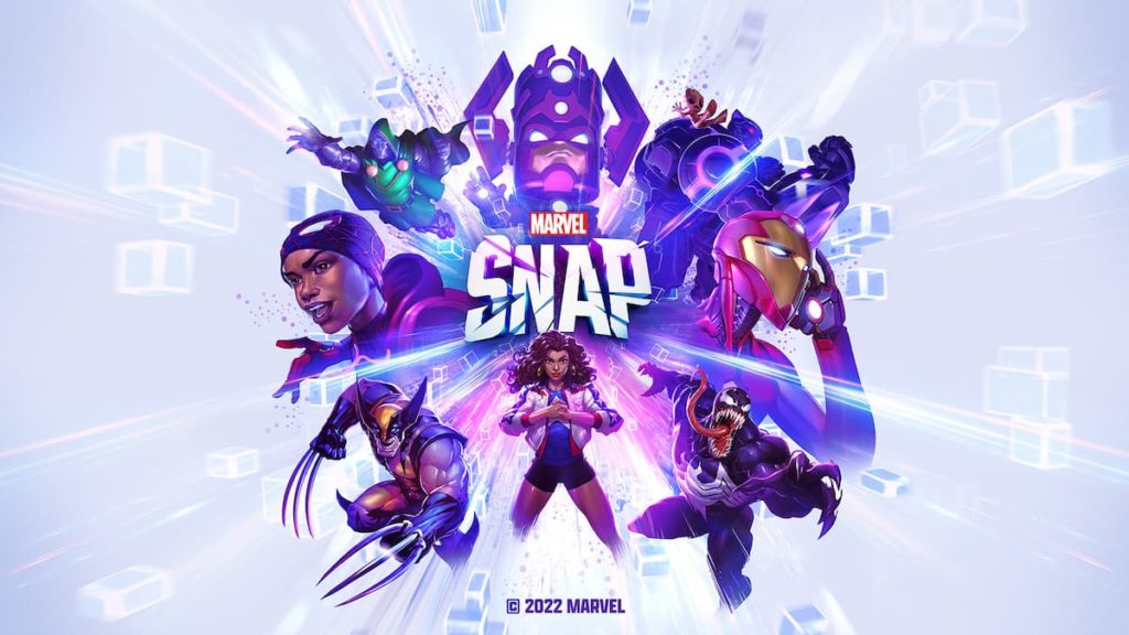 Characters in Marvel Snap surrounding the game's logo