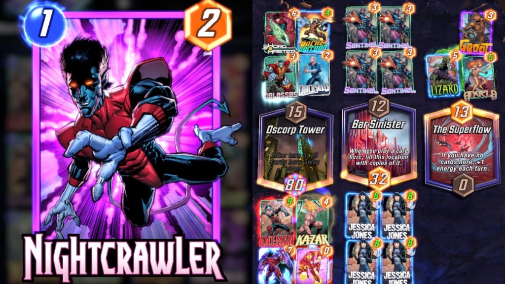 a collage with a trading card image of a blue, elvish looking person wearing a red and black jumpsuit on the left and a card game battlefield on the right. the field is filled with different cards positioned around locations with special instructions written on them. the center location is titled Bar Sinister