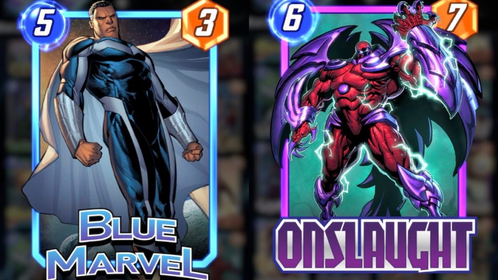 a trading card of Blue Marvel, a black man in a blue suit with a flowing, white cape. on the right is a trading card of Onslaught, a large, muscular figure in tight fitting red spandex with purple gauntlets, grieves, and a red, metallic helmet