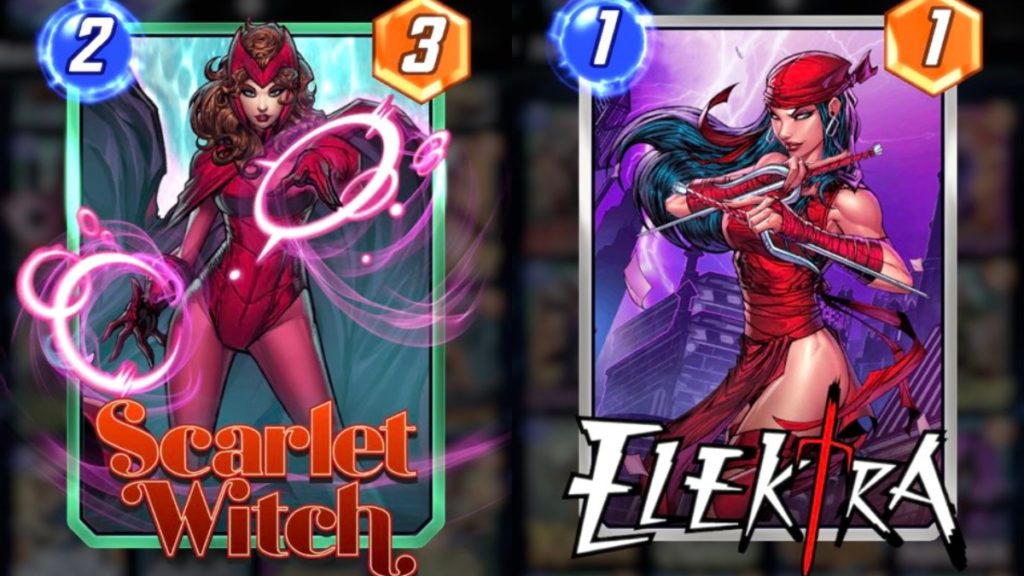 side by side images of trading card: Scarlet Witch on the left with a 2 in a blue circle in the upper left corner and a three in an orange bubble in the upper right. Elektra on the right with a 1 in a blue bubble in the upper left corner and a one in an orange bubble in the upper right 