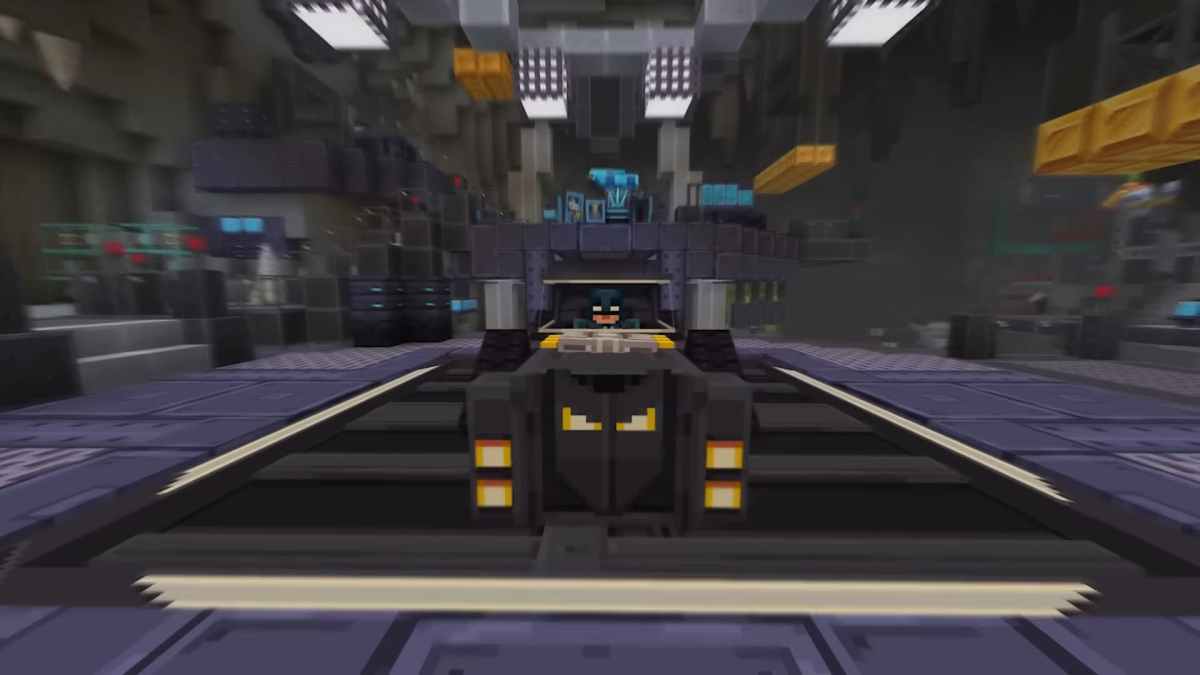 Batman driving the Batmobile in Minecraft x Batman DLC