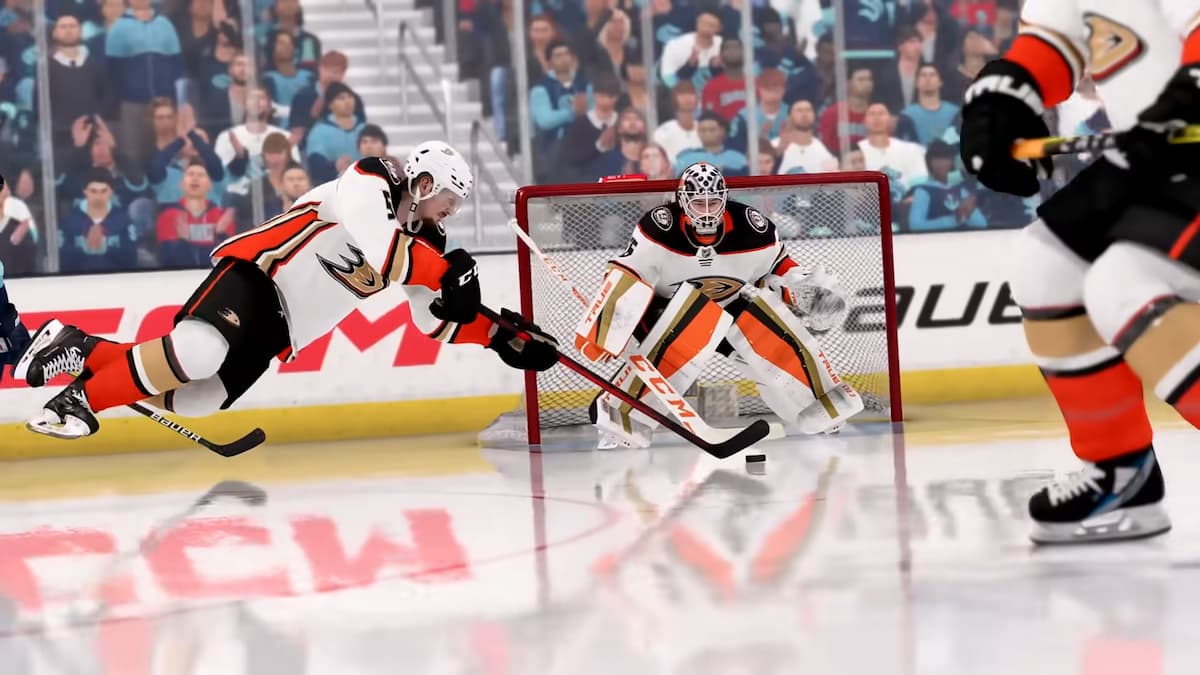 A player taking a shot near opponent's goal in NHL 23