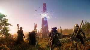 Characters gathering on grass field before a huge tower split in two.