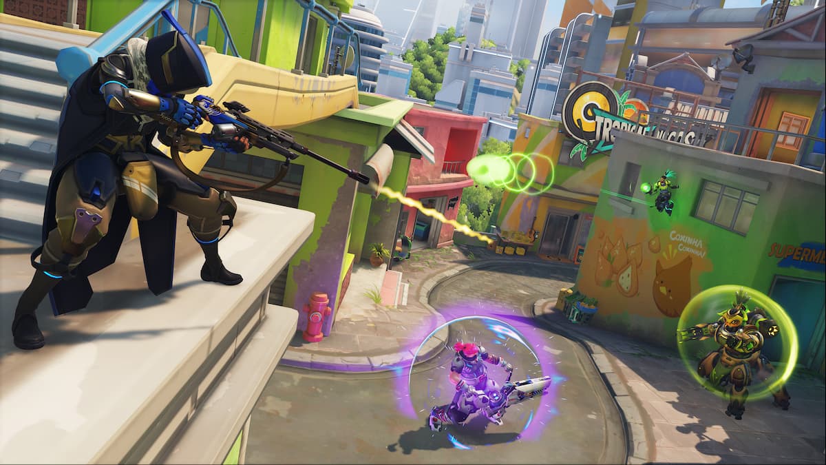 A Hero in combat with another Hero in the Rio de Janeiro location of Overwatch 2