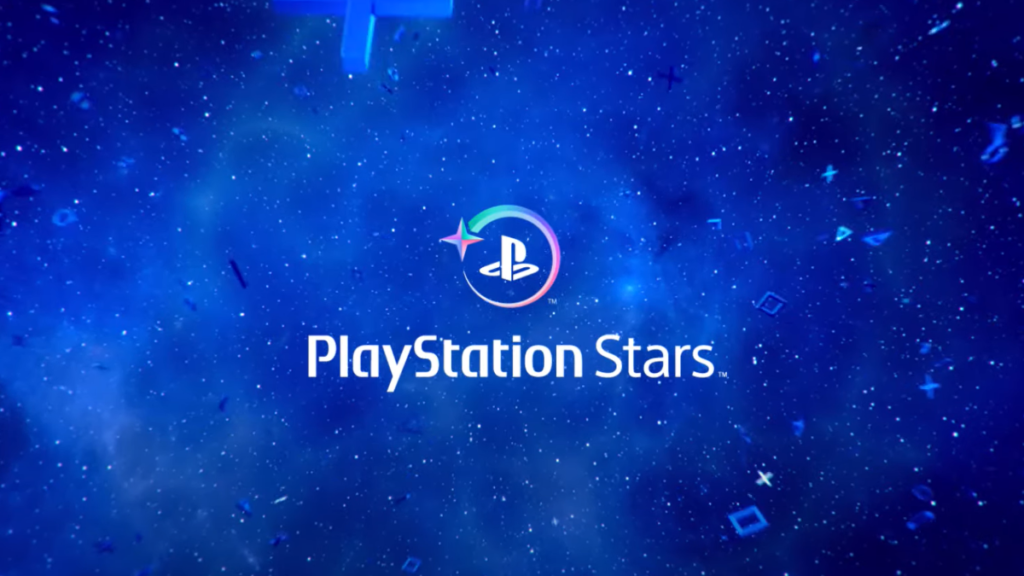 the playstation logo surrounded by a purple/blue circle with a star on the upper left. text below the logo reads "PlayStation Stars." the image is on a blue background with small points of light resembling stars. the space is also filled with large icons of the playstation controller buttons