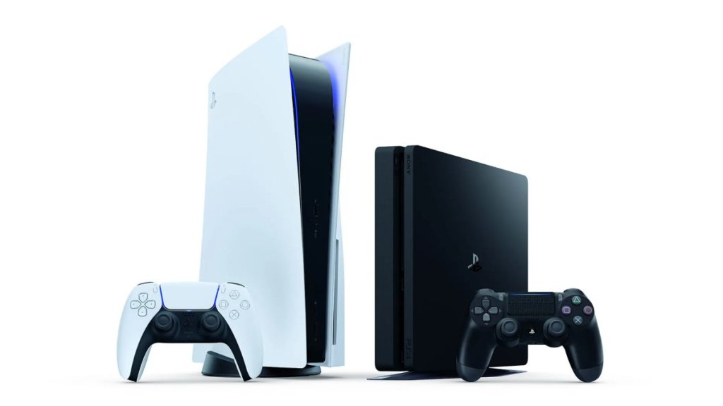 A PlayStation 5 and PlayStation 4 next to each other.