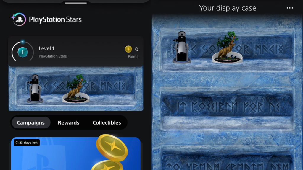 menu screens from the PlayStation mobile app. the left hand image has the words "playstation stars" along the top, below which is a narrow image of a display case with trophies sitting in it. underneath that is the top of an image with gold coins in it under the titles "campaigns." the right hand image is a larger shot of the display case that is ice blue and features runes carved into the back of each shelf. on the top shelf is a white desk microphone and a small white bowl with a model t-rex and tree inside.
