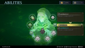 a green tinted menu with a head and shoulders portrait of a young woman with long, brown hair and a cap on her head. She's ringed by nine seals, some of which are colored in green while others are still grayed out. in the top left corner is the word "abilities"