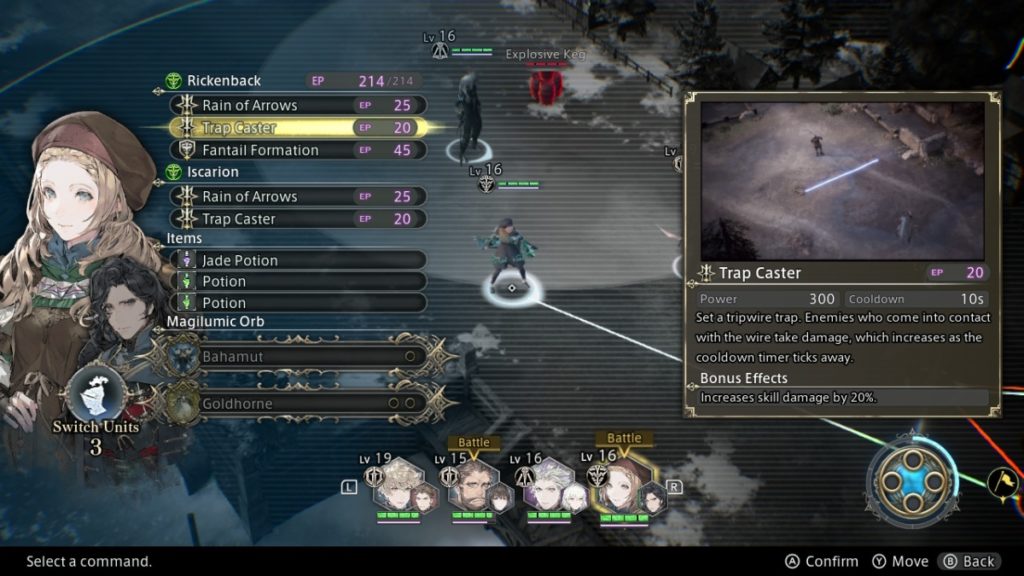a battle menu with a small figure of a young woman holding a bow in the middle of the screen. on the left is a detailed, anime-style portrait of the woman with long hair and a cap. next to the portrait is a list of available attacks skills. on the right is a video demonstration of the selected skill, "trip caster." on the bottom are four smaller portraits with green health bars below them 