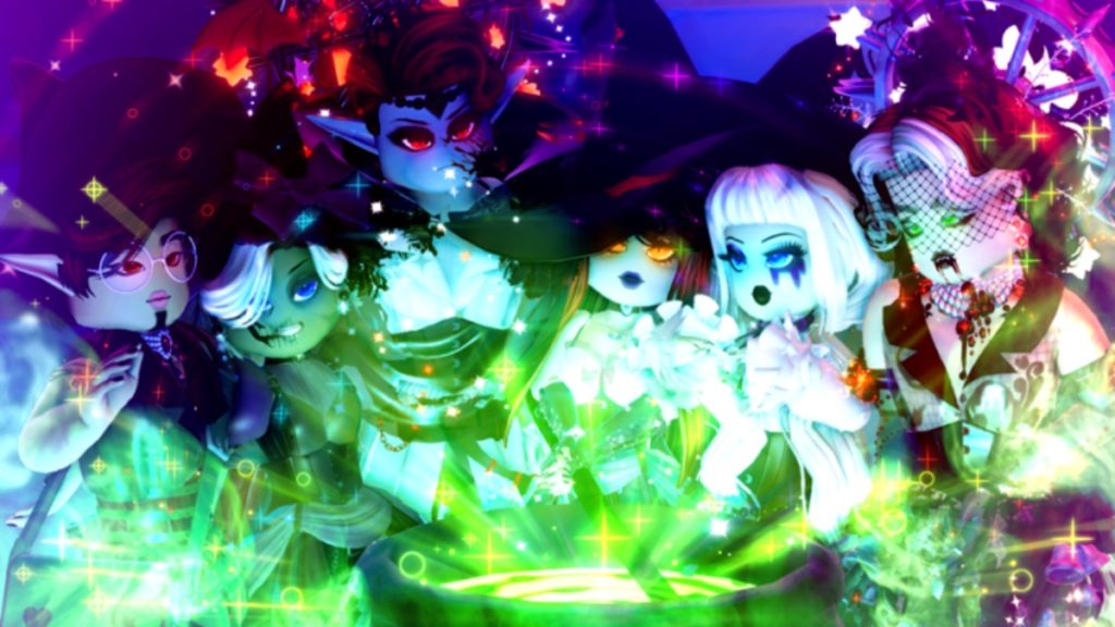Multiple Halloween-themed characters surround a cauldron.