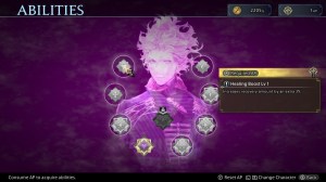 a purple tinted menu screen with the word abilities in the upper left corner. a head and shoulder image of young man with short, white, wavy hair is in the middle of the screen surrounded by nine seals each indicating a different ability.