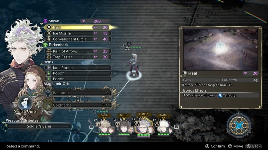 a battle menu with a small figure in the middle wielding a staff. on the left is a portrait of a young man with white, short, wavy hair and a list of available attacks. on the right is a video demonstration of the attack selected from the list on the left. at the bottom of the screen are four smaller portraits over green health bars.