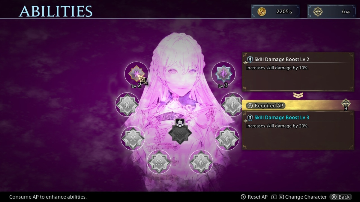 a purple tinted menu screen with a slightly anime image of a young woman with long hair in the middle. she's surrounded by nine seals that each indicate a different ability. some are colored in while most are still gray. the selected ability is titled Skill Damage Boost. In the top right corner is the word Abilities