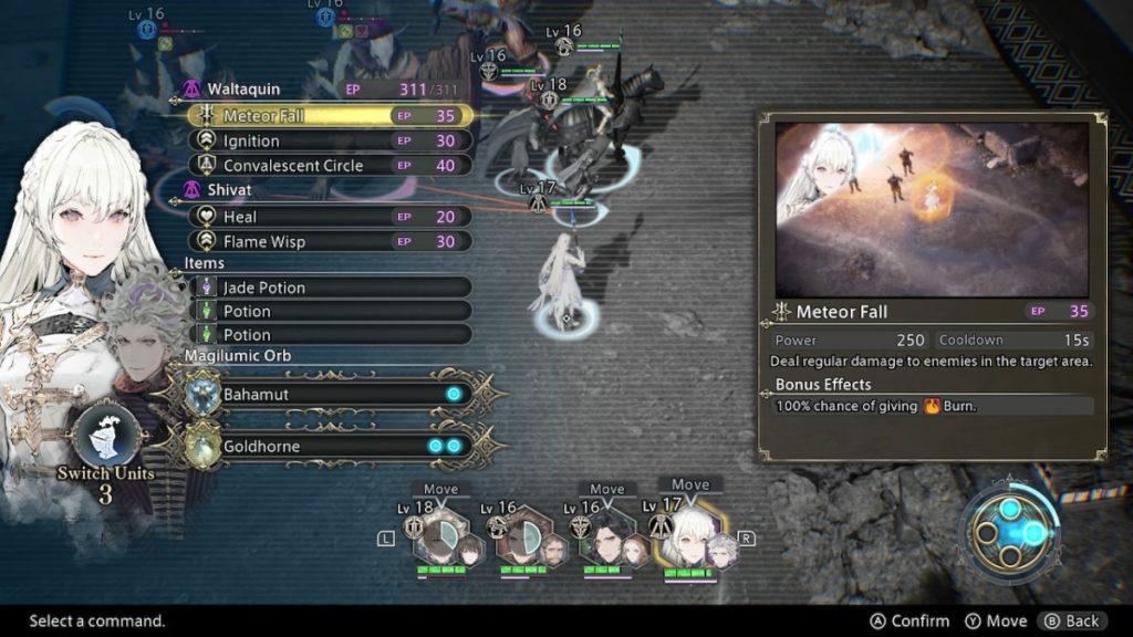 battle menu with a young woman with white hair in the middle of the screen in miniature form. a list of available attacks are on the right next to a larger portrait of the young woman. on the left is a video demonstration of the selected skill, Meteor Fall. Along the bottom of the screen are four smaller portraits with green health bars below them