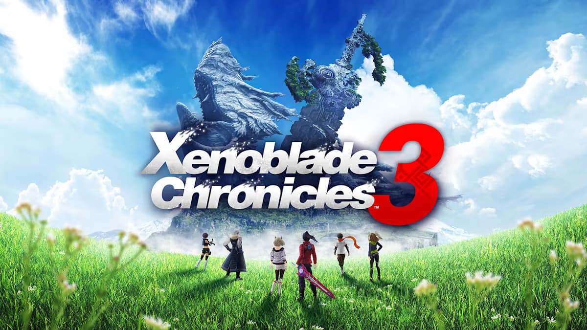 A cover image of Xenoblade Chronicles 3 with characters standing on a vast and open grassland.
