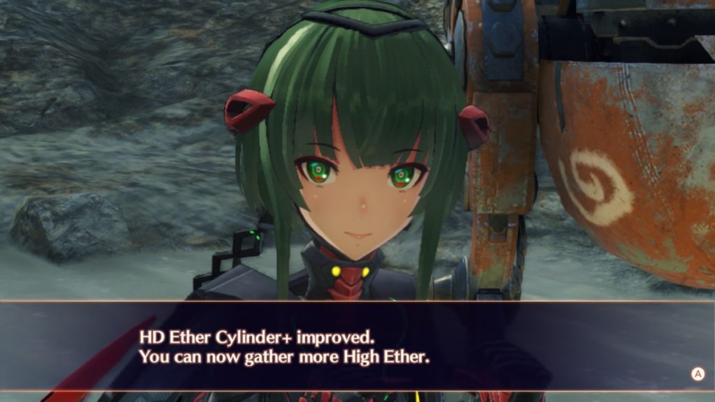 a woman with green hair and red and black armor in a head and shoulders shot. text at the bottom reads "HD Ether Cylinder + improved. You can now gather more High Ether."