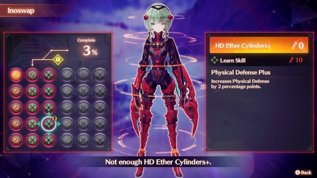 character progression screen with a grid of upgrade on the left, a woman with green hair in red and black armor in the middle, and a detailed description of the highlighted ability on the right