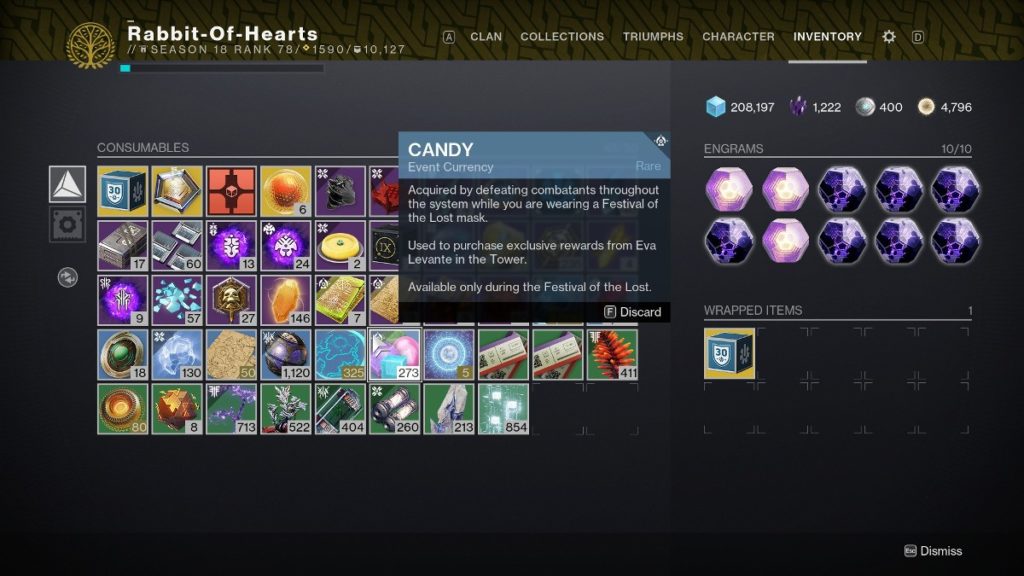 Destiny 2 Festival of the Lost explained - Candy in inventory. 