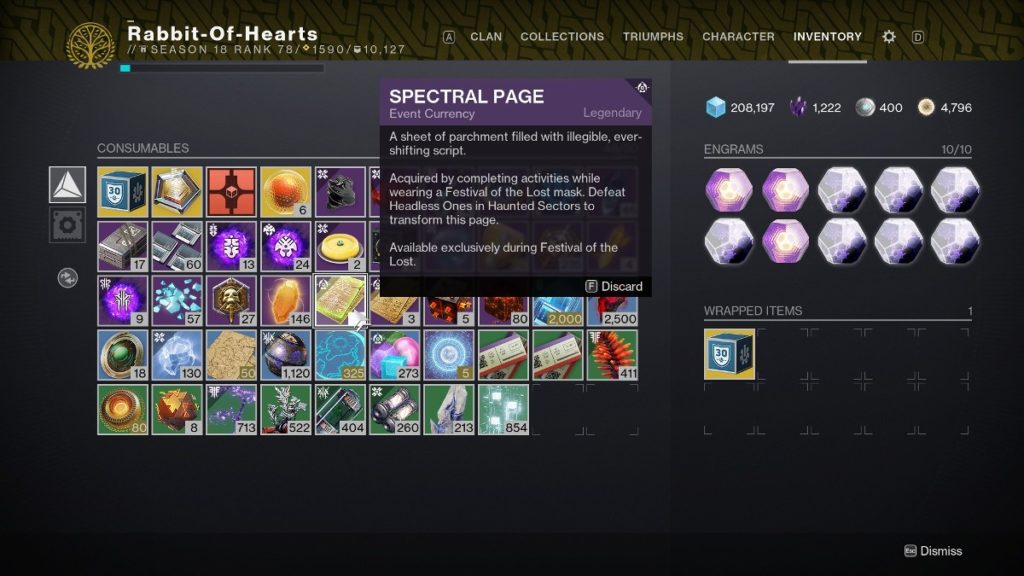 Destiny 2 Festival of the Lost explained - Spectral Pages in inventory.