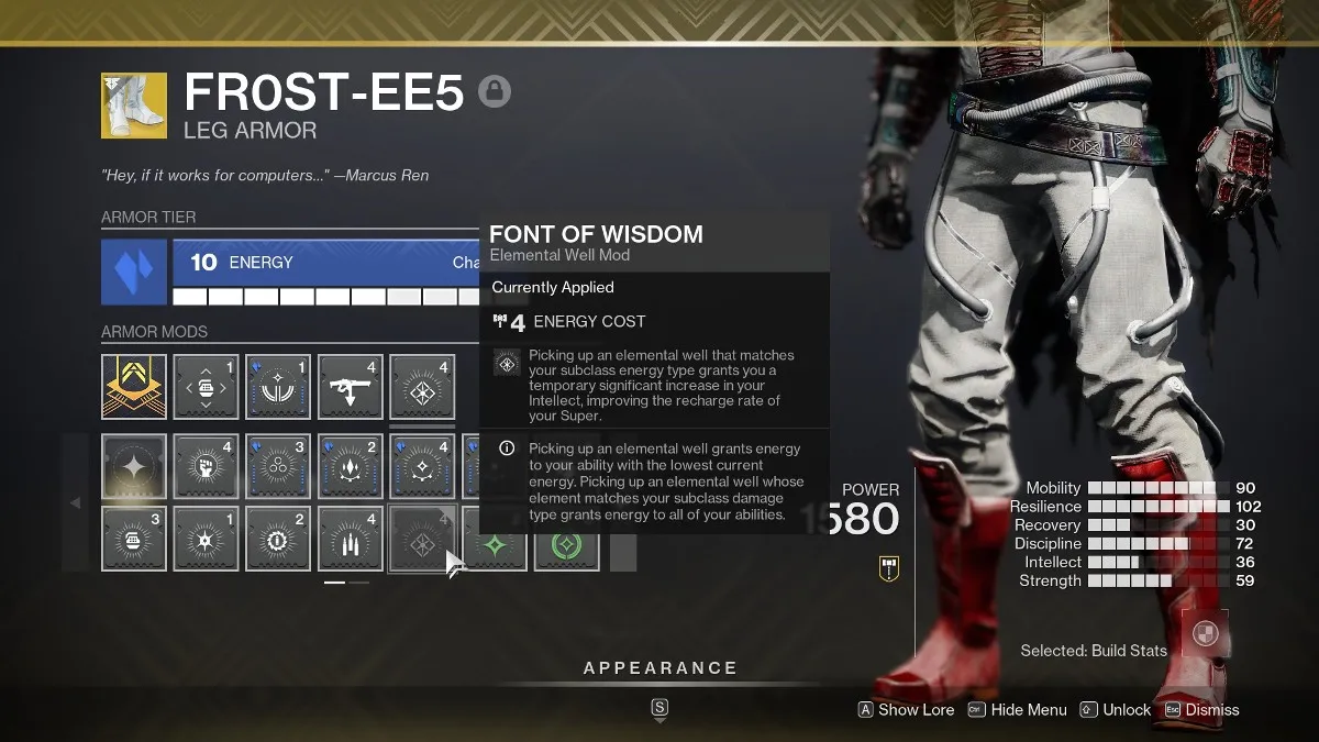 Destiny 2 Font of Wisdom mod on armor.