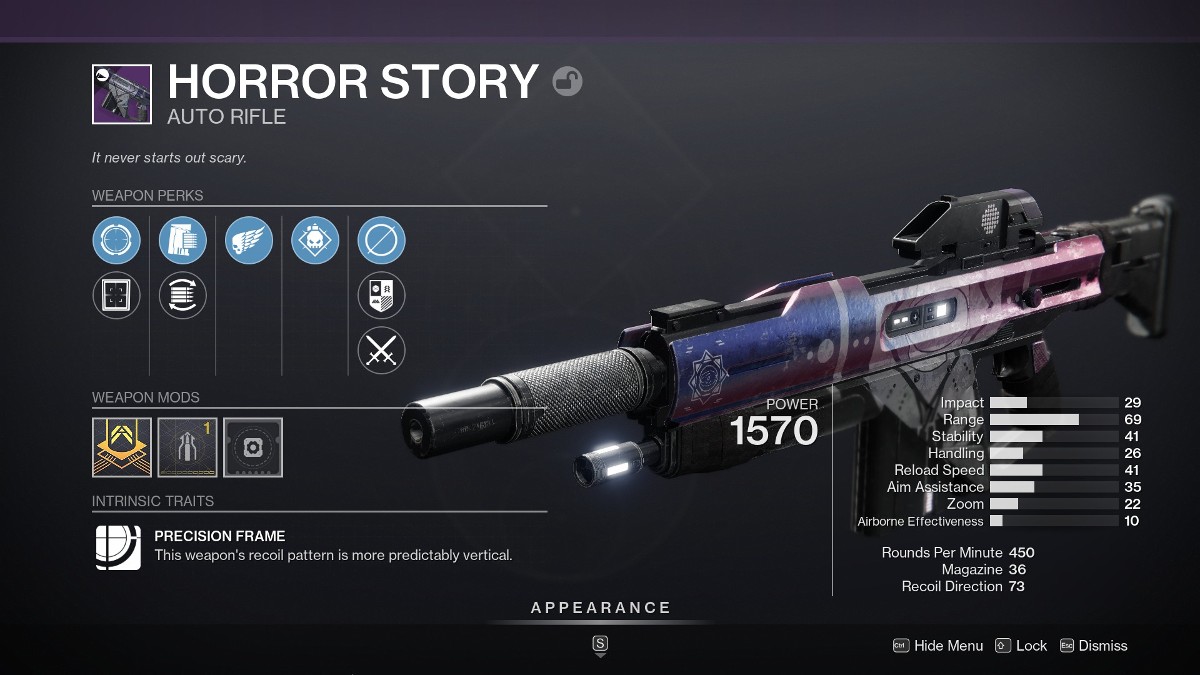 Destiny 2 Horror Story god roll in inventory.