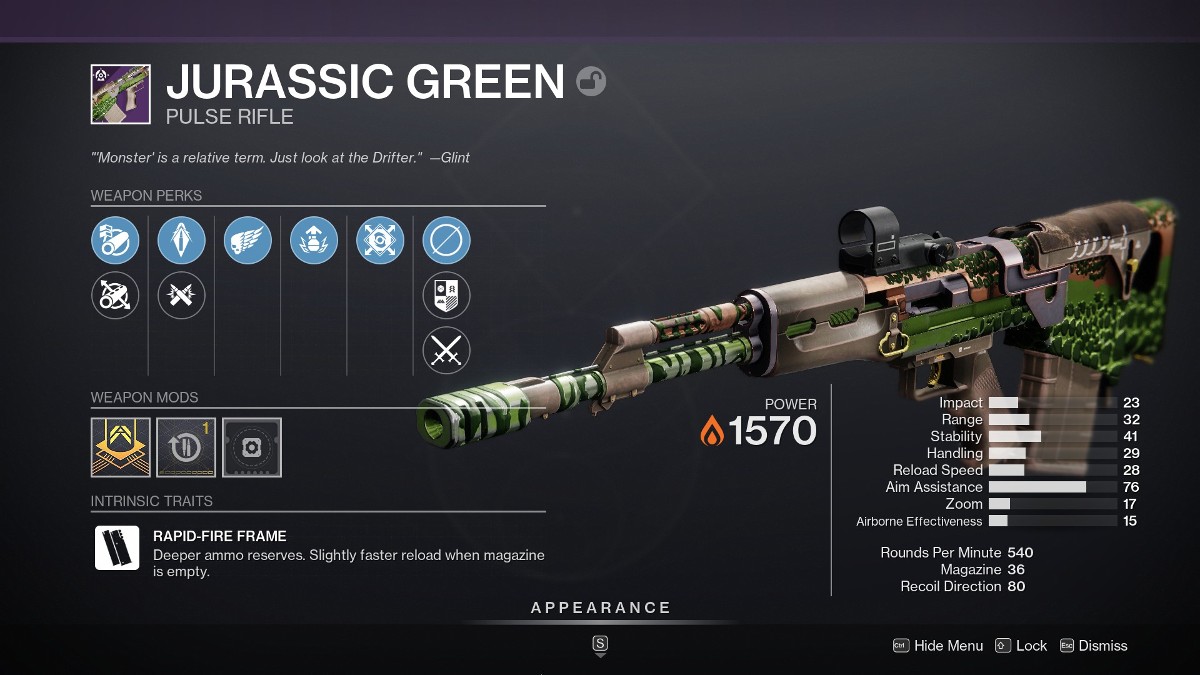 Destiny 2 Jurassic Green god roll guide - inspecting weapon in inventory.